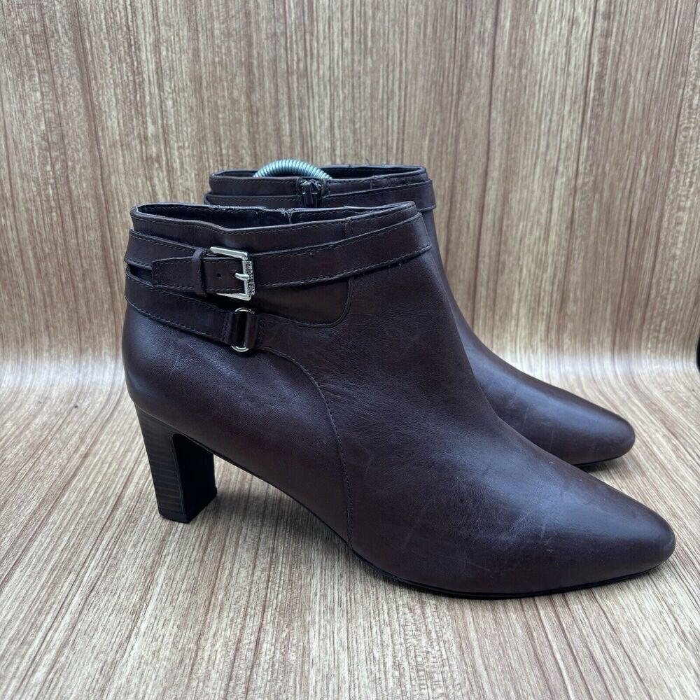 LAUREN RALPH LAUREN NARA WOMENS SZ 11 B‎ BROWN LEATHER ZIP SIDE ANKLE BOOTIE